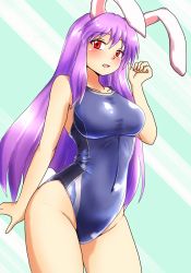 Rule 34 | 1girl, alternate costume, animal ears, blue one-piece swimsuit, blush, breasts, rabbit ears, competition swimsuit, d-m (dii emu), highres, long hair, looking at viewer, medium breasts, one-piece swimsuit, open mouth, purple hair, reisen udongein inaba, solo, swimsuit, touhou, very long hair