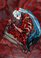 Rule 34 | 1girl, angela (project moon), barefoot, blood, blood vessels, blue hair, bone, claws, doll joints, e.g.o (project moon), hair ornament, heart (organ), heart of aspiration, highres, joints, library of ruina, long hair, nishikujic, project moon, red theme, ribs, solo, very long hair