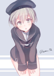 Rule 34 | 10s, 1girl, bare legs, beret, blue eyes, blush, bottomless, clothes writing, hair between eyes, hands on own knees, hat, kamanatsu, kantai collection, kriegsmarine, leaning forward, military, military uniform, open mouth, sailor collar, sailor hat, short hair, silver hair, simple background, solo, striped, striped background, uniform, z1 leberecht maass (kancolle)