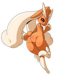 Rule 34 | 1girl, animal ears, ass, black sclera, blush, breasts, colored sclera, creatures (company), female focus, from behind, full body, furry, furry female, game freak, gen 4 pokemon, hand up, highres, kazumi yoshiyuki, leg up, looking at viewer, looking back, lopunny, nintendo, no pussy, open mouth, pokemon, pokemon (creature), rabbit ears, rabbit tail, red eyes, shiny skin, simple background, small breasts, smile, solo, standing, standing on one leg, tail, white background