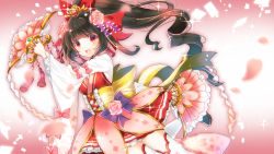 Rule 34 | 1girl, :d, bad id, bad pixiv id, black hair, bow, commentary request, cowboy shot, flower, glint, gradient background, hair flower, hair intakes, hair ornament, hair ribbon, hand fan, highres, light particles, long hair, long sleeves, looking at viewer, open mouth, original, pink background, pink flower, pink rose, ponytail, purple bow, red eyes, red skirt, red vest, ribbon, rose, sazanami shione, shide, skirt, smile, solo, striped, striped bow, thighhighs, tiara, underbust, vest, white thighhighs, wide sleeves