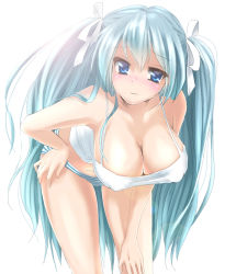 Rule 34 | 1girl, aqua hair, blue eyes, blush, bow, breasts, cleavage, hair bow, hanging breasts, hatsune miku, large breasts, leaning forward, lens flare, long hair, panties, shirt, sibata, simple background, smile, solo, striped clothes, striped panties, tank top, taut clothes, taut shirt, thigh gap, twintails, underwear, very long hair, vocaloid