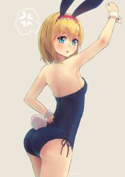 Rule 34 | &gt;:o, 1girl, :o, alice margatroid, alternate costume, anger vein, animal ears, arm up, armpits, ass, back, backless leotard, bare shoulders, bent over, blonde hair, blue eyes, blush, breasts, cowboy shot, culter, detached collar, fake animal ears, hairband, leotard, lolita hairband, looking at viewer, playboy bunny, rabbit ears, rabbit tail, sideboob, small breasts, solo, spoken anger vein, tail, touhou, tsurime, twitter username, v-shaped eyebrows, wrist cuffs