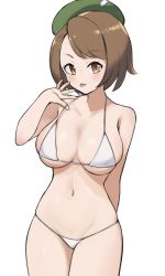 Rule 34 | 1girl, absurdres, alternate breast size, bikini, blush, bob cut, breasts, brown eyes, brown hair, commentary request, creatures (company), game freak, gloria (pokemon), green hat, hand up, hat, highres, large breasts, navel, nintendo, pokemon, pokemon swsh, short hair, simple background, smile, solo, swimsuit, tam o&#039; shanter, tongue, tongue out, tsuneshima, white background, white bikini