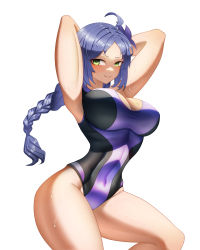 Rule 34 | 1girl, absurdres, ahoge, alternate breast size, armpits, arms behind head, blue hair, braid, breasts, commission, competition swimsuit, flower, green eyes, hair flower, hair ornament, highres, large breasts, long hair, looking at viewer, meili portroute, najashi, navel, aged up, one-piece swimsuit, re:zero kara hajimeru isekai seikatsu, second-party source, single braid, smug, solo, sweat, swimsuit, thick thighs, thighs, wet