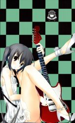 Rule 34 | 00s, 1girl, absurdres, ankle garter, anklet, ass, bare legs, bare shoulders, black eyes, black hair, electric guitar, fender (company), fender mustang, guitar, high heels, highres, instrument, jewelry, k-on!, kagome (traumatize), legs, mustang, mustang (guitar), nakano azusa, open mouth, profile, shoes, sitting, solo, thighs, twintails