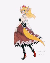 Rule 34 | 1girl, armlet, artist name, bare shoulders, blonde hair, bowsette, bracelet, breasts, brown skirt, collar, commentary request, dated, earrings, from behind, hair between eyes, high heels, horns, jewelry, large breasts, mario (series), new super mario bros. u deluxe, nintendo, nui alter, open mouth, pointy ears, ponytail, sharp teeth, shell, skirt, skirt hold, solo, spiked anklet, spiked armlet, spiked bracelet, spiked collar, spiked tail, spikes, strapless, super crown, tail, teeth