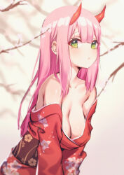 Rule 34 | 1girl, bare shoulders, blurry, blurry background, breasts, brown sash, cherry blossoms, cleavage, closed mouth, collarbone, commentary, darling in the franxx, english commentary, fang, floral print, glint, green eyes, highres, horns, huge breasts, japanese clothes, kangbus, kimono, leaning forward, lips, long hair, oni horns, pink hair, print kimono, red horns, red kimono, solo, zero two (darling in the franxx)