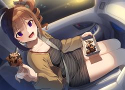 Rule 34 | 1girl, ahoge, between breasts, black dress, black ribbon, blurry, blurry background, bracelet, breasts, brown cardigan, brown hair, car, car interior, cardigan, depth of field, dress, drill hair, dutch angle, food, hair ribbon, holding, holding food, idolmaster, idolmaster million live!, jewelry, kamille (vcx68), long sleeves, looking at viewer, medium breasts, motor vehicle, open mouth, pencil dress, purple eyes, religious offering, ribbon, seatbelt, short dress, short hair, side drill, side ponytail, sitting, smile, solo, spaghetti strap, striped clothes, striped dress, takoyaki, yokoyama nao