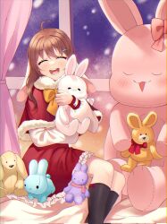 Rule 34 | 1girl, :3, ahoge, black socks, blush, bow, bow legwear, bowtie, brown hair, closed eyes, commentary, cowboy shot, curtains, dress, hair ornament, hairclip, heart, heart ahoge, highres, holding, holding stuffed toy, hugging object, kneehighs, light particles, long hair, long sleeves, looking at viewer, open mouth, original, santa dress, sitting, snow, socks, solo, stuffed animal, stuffed rabbit, stuffed toy, symbol-only commentary, syu bit, window, yellow bow, yellow bowtie