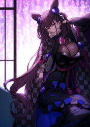 Rule 34 | 1girl, arm up, backlighting, black dress, black kimono, breasts, brown hair, checkered clothes, checkered kimono, commentary request, cone hair bun, double bun, dress, unworn eyewear, eyewear strap, fate/grand order, fate (series), gem, genyaky, glasses, hair between eyes, hair bun, hair ornament, hand up, highres, holding, holding removed eyewear, japanese clothes, juliet sleeves, kimono, large breasts, long hair, long sleeves, looking at viewer, murasaki shikibu (fate), murasaki shikibu (second ascension) (fate), puff and slash sleeves, puffy sleeves, purple eyes, purple gemstone, removing eyewear, rope, signature, sitting, sleeves past wrists, solo, tassel, two side up, very long hair