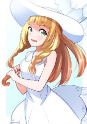 Rule 34 | 1girl, :d, bad id, bad pixiv id, blonde hair, braid, creatures (company), dress, floating hair, game freak, green eyes, hat, highres, holding, holding umbrella, lillie (pokemon), long hair, looking at viewer, nintendo, open mouth, pokemon, pokemon sm, sleeveless, sleeveless dress, smile, solo, standing, sun hat, sundress, twin braids, umbrella, white dress, white hat, white umbrella, yuihico