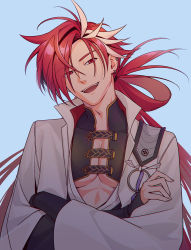 Rule 34 | 1boy, commentary request, earrings, eyebrow cut, fate/grand order, fate (series), jacket, japanese clothes, jewelry, long hair, long sleeves, looking at viewer, male focus, multicolored hair, open mouth, pectorals, red eyes, red hair, smile, solo, split-color hair, streaked hair, takasugi shinsaku (fate), two-tone hair, upper body, white hair, white jacket, zanshi