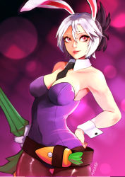 Rule 34 | 1girl, alternate costume, animal ears, bad id, bad pixiv id, bare shoulders, battle bunny riven, belt, between breasts, breasts, carrot, cleavage, cowboy shot, detached collar, eyelashes, fake animal ears, female focus, gradient background, hair between eyes, half updo, hand on own hip, highres, kkun88, large breasts, league of legends, leotard, lips, necktie, necktie between breasts, nose, pantyhose, pink eyes, playboy bunny, rabbit ears, riven (league of legends), short hair, solo, sword, thigh gap, weapon, white hair, wrist cuffs