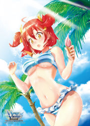 Rule 34 | 10s, 1girl, ange vierge, bare shoulders, bikini, breasts, cloud, copyright name, day, food, frilled bikini, frills, holding, ice cream, logo, medium breasts, navel, official art, open mouth, outdoors, palm tree, red eyes, short hair, short twintails, sky, solo, striped bikini, striped clothes, sunlight, swimsuit, tree, twintails, two side up, underboob, yellow eyes
