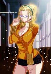 Rule 34 | 1girl, blonde hair, blurry, blurry background, breasts, cleavage, cowboy shot, depth of field, earrings, glasses, indoors, jewelry, kalifa (one piece), large breasts, microskirt, one piece, skirt, solo, standing
