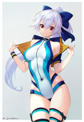 Rule 34 | 1girl, absurdres, blue bow, blue jacket, blue one-piece swimsuit, blush, bow, breasts, competition swimsuit, fate/grand order, fate (series), hair between eyes, hair bow, highleg, highleg swimsuit, highres, jacket, large breasts, long hair, looking at viewer, off shoulder, one-piece swimsuit, pjman, ponytail, red eyes, short sleeves, silver hair, smile, swimsuit, thighs, tomoe gozen (fate), tomoe gozen (swimsuit saber) (fate), tomoe gozen (swimsuit saber) (first ascension) (fate), two-tone swimsuit, white one-piece swimsuit