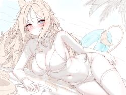 Rule 34 | 1girl, absurdres, animal ears, archetto (arknights), arknights, bikini, blue eyes, blush, breasts, cleavage, commentary, english commentary, extra ears, groin, halterneck, heterochromia, highres, innertube, large breasts, lilac (k32420276), lion ears, lion tail, looking at viewer, lying, navel, on side, palm leaf, red eyes, side-tie bikini bottom, sketch, skindentation, solo, swim ring, swimsuit, tail, thigh strap, thighs, unfinished, wet, white bikini