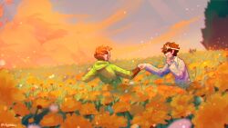 Rule 34 | 2boys, blue shirt, brown hair, chiyahowo, closed eyes, cloud, collared shirt, dream (youtuber), dream smp, field, flower, georgenotfound, highres, holding hands, hood, hooded jacket, jacket, laughing, mask, multiple boys, shirt, yaoi
