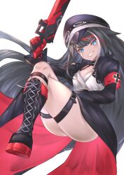 Rule 34 | 1girl, absurdres, armband, azur lane, black footwear, black hair, blue eyes, boots, buttons, coat, cross, crossed legs, deutschland (azur lane), double-breasted, goggles, goggles on headwear, gun, hat, highres, holding, holding weapon, iron cross, long coat, long hair, majinno, multicolored hair, peaked cap, red armband, red hair, shirt, simple background, smile, solo, streaked hair, thigh strap, thighs, very long hair, weapon, white background, white hair, white shirt