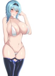 Rule 34 | 1girl, absurdres, bikini, blue hair, blush, breasts, cleft of venus, collarbone, curvy, eula (genshin impact), genshin impact, highres, huge breasts, large breasts, looking at viewer, navel, omahsihs, open mouth, shiny skin, short hair, solo, stomach, swimsuit, thick thighs, thighhighs, thighs, white background, white bikini, wide sleeves, yellow eyes