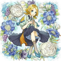 Rule 34 | 1girl, aqua eyes, blonde hair, blue flower, blue footwear, blue skirt, commentary, floral background, flower, flower request, full body, green shirt, hair ornament, hairclip, kagamine rin, kneehighs, lilac, moccasins, open mouth, own hands together, pleated skirt, puffy sleeves, purple flower, shirt, short hair, short sleeves, short twintails, skirt, socks, swept bangs, tassel, twintails, vocaloid, white flower, whiteskyash