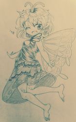 Rule 34 | 1girl, antennae, barefoot, blush, butterfly wings, dress, eternity larva, fairy, hair between eyes, heart, highres, insect wings, leaf, leaf on head, one-hour drawing challenge, one eye closed, open mouth, seika okawari, short hair, smile, solo, teeth, touhou, traditional media, upper teeth only, v, wings