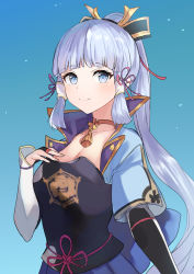 Rule 34 | 1girl, absurdres, armor, ayaka (genshin impact), blue eyes, blunt bangs, breastplate, celite, dress, genshin impact, hair ornament, hand on own chest, highres, looking at viewer, ponytail, sidelocks, smile, solo, vambraces