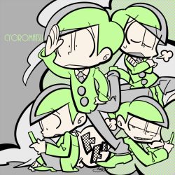 Rule 34 | 10s, 1boy, :&lt;, bad id, bad twitter id, bowl cut, character name, crossed arms, formal, grey background, head rest, hugging own legs, limited palette, male focus, matsuno choromatsu, multiple persona, multiple views, osomatsu-kun, osomatsu-san, osomatsu (series), salute, sameyama jiro, signature, simple background, sitting, standing, standing on one leg, suit
