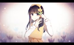 Rule 34 | 1girl, black hair, blurry, blurry background, bow, brown eyes, chen w ling 946, devotion, dress, du meishin, flower, hair bow, hairband, highres, holding, holding flower, long hair, long sleeves, looking at viewer, origami, pinafore dress, shirt, sleeveless, sleeveless dress, solo, upper body, white shirt, yellow bow, yellow dress, yellow flower, yellow hairband