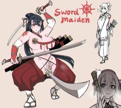 Rule 34 | 1girl, anal, anal object insertion, arm tattoo, arm up, beige background, black eyes, black hair, blush, breasts, breath, closed mouth, dual wielding, hair between eyes, holding, holding sword, holding weapon, kannovaku, katana, large breasts, long sleeves, maebari, multiple swords, multiple views, navel, object insertion, ofuda, ofuda on pussy, original, parted lips, pasties, scabbard, sheath, short eyebrows, simple background, smile, standing, surprised, sweat, sweatdrop, sword, talisman, tattoo, vambraces, weapon