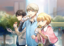 Rule 34 | 10s, 1girl, 2boys, :t, aki (neyuki41028), aldnoah.zero, asseylum vers allusia, black shirt, blazer, blonde hair, blue eyes, blue shirt, blurry, blush, brown hair, building, capelet, casual, cellphone, clenched hand, collarbone, collared shirt, depth of field, eating, food, food on face, green eyes, grey hair, holding, holding food, holding phone, jacket, kaizuka inaho, looking at another, multiple boys, necktie, open clothes, open jacket, outdoors, phone, profile, red eyes, red necktie, shirt, short hair, slaine troyard, sleeves past wrists, smartphone, tree, wing collar