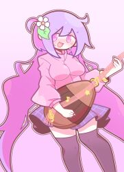 1girl baek_ban biwa_lute black_thighhighs blush breasts fang feet_out_of_frame flower hair_flower hair_ornament holding holding_instrument impossible_clothes impossible_jacket instrument jacket long_hair long_sleeves lute_(instrument) medium_breasts nose_blush open_mouth pink_eyes pink_jacket pleated_skirt purple_hair purple_skirt skirt smile solo sweat thighhighs touhou tsukumo_benben white_flower