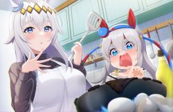 Rule 34 | 2girls, ahoge, animal ears, apron, bare shoulders, black sweater, blue eyes, blue hairband, blush, breasts, commentary, cupboard, ear covers, ear ornament, egg (food), fire, fire, food, gloom (expression), grey hair, hair between eyes, hair ornament, hairband, highres, holding, holding spatula, horse ears, horse girl, kanno esuto, kitchen, ladle, large breasts, long hair, long sleeves, looking at viewer, multicolored hair, multiple girls, oguri cap (umamusume), open mouth, parted lips, shirt, spatula, stove, streaked hair, sweater, tamamo cross (umamusume), tile wall, tiles, umamusume, white apron, white shirt