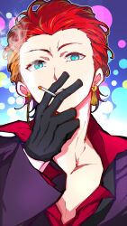 Rule 34 | 1boy, absurdres, alternate costume, alternate hairstyle, aqua eyes, between fingers, black gloves, blue background, blurry, bokeh, cigarette, depth of field, earrings, gloves, gradient background, hair slicked back, highres, hizaki gamma, hizaki gamma (artist), holding, holding cigarette, holostars, jacket, jewelry, looking at viewer, male focus, mismatched earrings, multicolored hair, open collar, orange hair, outline, purple hair, purple jacket, red hair, red shirt, shirt, short hair, smoke, smoking, solo, streaked hair, teeth, upper body, virtual youtuber, white outline
