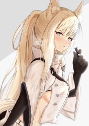 Rule 34 | 1girl, animal ears, arknights, black gloves, blonde hair, blush, breasts, brown eyes, chess piece, elbow gloves, from side, gloves, grey background, high collar, highres, horse ears, horse girl, horse tail, long hair, looking at viewer, looking to the side, medium breasts, parted lips, platinum (arknights), ponytail, revealing clothes, rook (chess), sideboob, sidelocks, solo, sora mame (princess 0sora), tail, two-tone background, unzipped, upper body, white background
