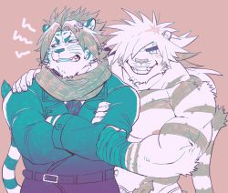 Rule 34 | 2boys, anger vein, animal ears, bara, bare pectorals, belly, black eyes, bulge, ezaki papiko, furry, furry male, furry with furry, highres, large pectorals, limited palette, looking away, macan (housamo), male focus, multiple boys, muscular, muscular male, navel, nipples, nomad (housamo), parted bangs, pectorals, thick eyebrows, tiger boy, tiger ears, tokyo houkago summoners, upper body