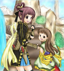 Rule 34 | 2girls, arm guards, bow, brown hair, day, detached sleeves, from behind, gensou suikoden, gensou suikoden v, knife, long hair, looking at viewer, looking back, lymsleia falenas, miakis (suikoden), miniskirt, multiple girls, outdoors, pointing, ribbon, sheath, short hair, sketch, skirt, smile, tree, water, waterfall