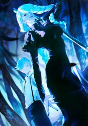 Rule 34 | 1boy, 1girl, absurdres, arm up, black dress, black nails, black pants, blue eyes, blue hair, blue theme, braid, brother and sister, closed mouth, cowboy shot, dress, hair over one eye, highres, holding, holding polearm, holding weapon, jujutsu kaisen, juliet sleeves, long hair, long sleeves, looking at viewer, mei mei (jujutsu kaisen), mgmg 1012, pants, parted lips, polearm, puffy sleeves, shirt, short hair, siblings, smile, standing, suspenders, tree, twin braids, ui ui (jujutsu kaisen), weapon, white shirt