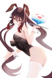 Rule 34 | 1girl, absurdres, ass, bare shoulders, boo tao (genshin impact), breasts, brown hair, cleavage, flower-shaped pupils, genshin impact, highres, hu tao (genshin impact), large breasts, leotard, long hair, looking at viewer, playboy bunny, rable, red eyes, simple background, smile, solo, symbol-shaped pupils, twintails, very long hair