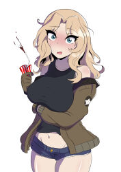 Rule 34 | 1girl, absurdres, black shirt, blonde hair, blue shorts, blush, breast hold, breasts, brown jacket, commentary, cowboy shot, crushing, cup, cutoffs, denim, denim shorts, disposable cup, drinking straw, emblem, frown, girls und panzer, hair intakes, highres, jacket, kay (girls und panzer), large breasts, long sleeves, looking at viewer, medium hair, micro shorts, midriff, military, military uniform, navel, open clothes, open jacket, open mouth, saunders military uniform, shirt, shorts, simple background, solo, squirting liquid, standing, star (symbol), sweatdrop, tenpura32200, uniform, white background