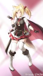 Rule 34 | 1girl, ahoge, animal ears, arknights, black gloves, black vest, blonde hair, blowing kiss, boots, bow, cape, closed mouth, collared shirt, cross-laced footwear, dated, fox ears, fox tail, full body, gloves, hair bow, hand up, highres, klaius, looking at viewer, miniskirt, necktie, one eye closed, pigeon-toed, red bow, red cape, red eyes, red necktie, red skirt, shirt, skirt, solo, sora (arknights), tail, thighhighs, twintails, twitter username, two-sided cape, two-sided fabric, vest, white footwear, white shirt, white thighhighs, wide sleeves, wing collar, zettai ryouiki