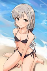 Rule 34 | 1girl, bare arms, bare legs, bare shoulders, barefoot, beach, between legs, bikini, black bikini, black bow, bow, braid, braided bangs, breasts, brown eyes, cleavage, closed mouth, collarbone, day, from above, grey hair, hair bow, hand between legs, highres, hisakawa nagi, idolmaster, idolmaster cinderella girls, idolmaster cinderella girls starlight stage, long hair, looking at viewer, looking up, low twintails, mitsumine raimu, navel, outdoors, sand, side-tie bikini bottom, sitting, small breasts, solo, swimsuit, twintails, very long hair, wariza, water