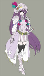Rule 34 | 1girl, armor, belt, black thighhighs, bow, breastplate, crescent, female focus, garter straps, gauntlets, greaves, hair bow, helmet, long hair, looking at viewer, patchouli knowledge, pauldrons, purple hair, shoulder armor, sidelocks, simple background, smile, solo, striped, sword, takemori shintarou, thighhighs, touhou, very long hair, weapon, zettai ryouiki