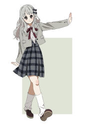 1girl 22/7 black_bow blush bow bowtie braid brown_footwear closed_mouth full_body grey_background grey_eyes grey_hair grey_jacket grey_skirt hair_bow highres jacket long_hair long_sleeves looking_at_viewer nagamine_kaede outstretched_arms parted_bangs plaid_bow plaid_clothes plaid_skirt pleated_skirt red_bow red_bowtie shirt side_braid single_braid skirt smile socks solo tanpaku_(oqu_2) two-tone_background walking wavy_hair white_shirt white_socks