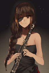 Rule 34 | 1girl, black dress, braid, brown eyes, brown hair, clarinet, closed mouth, dress, eyepatch, girls&#039; frontline, highres, holding, holding instrument, instrument, long hair, looking at viewer, m16a1 (girls&#039; frontline), mole, mole under eye, multicolored hair, scar, simple background, smile, solo, strapless, strapless dress, xanax025