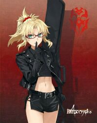 Rule 34 | 1girl, abs, belt, belt buckle, blonde hair, buckle, crop top, fate/apocrypha, fate/grand order, fate (series), finger to mouth, glasses, gloves, green eyes, guitar case, highres, instrument case, jacket, leather, leather jacket, looking at viewer, midriff, mordred (fate), mordred (fate/apocrypha), ponytail, red background, shushing, skirt, solo