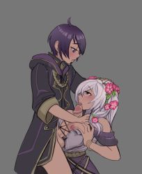Rule 34 | 1boy, 1girl, age difference, alternate costume, bare shoulders, blush, bracelet, breast hold, breasts, brown eyes, clariarikari, cleavage, cloak, clothed sex, commission, commissioner upload, dress, eyebrows hidden by hair, fellatio, fire emblem, fire emblem awakening, fire emblem heroes, flower, hair flower, hair ornament, hand on another&#039;s chest, hand on another&#039;s head, hetero, highres, incest, jewelry, kneeling, large breasts, licking, licking penis, looking at another, morgan (fire emblem), morgan (male) (fire emblem), mother and son, nintendo, nipple slip, nipples, official alternate costume, open clothes, open mouth, oral, paizuri, paizuri under clothes, penis, pink flower, purple eyes, purple hair, robin (female) (fire emblem), robin (fire emblem), sex, twintails, uncensored, white dress, white hair, wristband