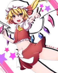 Rule 34 | 1girl, :d, adapted costume, ascot, blonde hair, bow, crop top, crystal, drop shadow, fang, feet out of frame, fingernails, flandre scarlet, flat chest, frilled shirt collar, frills, hair between eyes, hand up, hat, hat bow, juuni 05, light blush, looking at viewer, midriff, mob cap, nail polish, navel, one side up, open mouth, red bow, red eyes, red nails, red skirt, sharp fingernails, short hair, simple background, skirt, smile, solo, star (symbol), starry background, touhou, translation request, v, white background, white bow, white hat, wings, yellow ascot