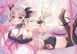 Rule 34 | 1girl, ayuma sayu, bed, bow, breasts, cleavage, clothing cutout, cone hair bun, demon tail, detached collar, earbuds, earphones, earrings, hair bun, highres, hip vent, indie virtual youtuber, jewelry, large breasts, long hair, looking at viewer, red eyes, sleepwear, solo, stuffed toy, sunlight, suou patra, tail, thighhighs, thighs, tongue, tongue out, twintails, virtual youtuber, white hair, wrist cuffs